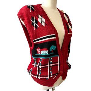 Koret Vintage Cottage Core Knit Sweater Vest Red Sz Large Womens Eighties Retro